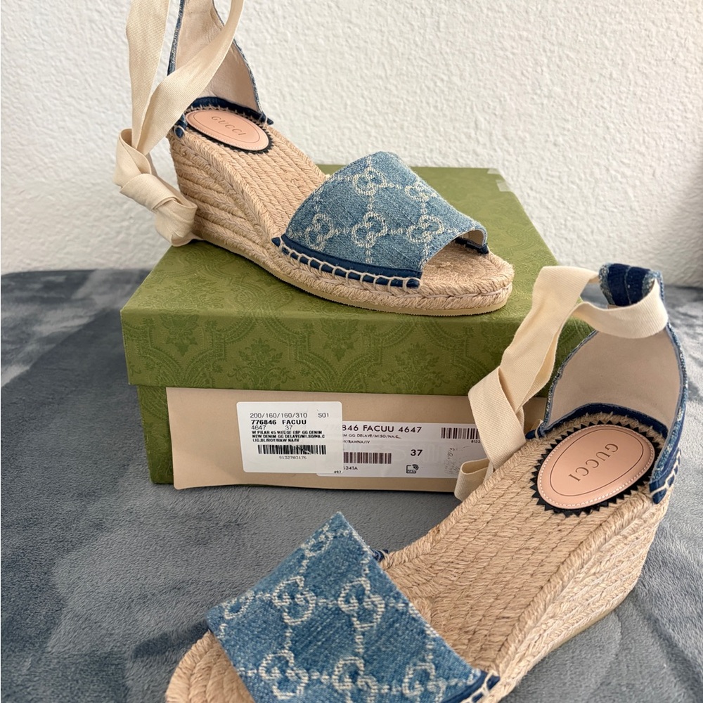 Gucci Blue Denim Monogram Espadrille Wedge Sandals with Cream Ankle Ties - Picture 2 of 11